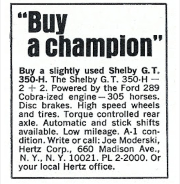 Ausschnitt einer Zeitungsanzeige über den Verkauf eines gebrauchten Shelby GT 350-H mit der Überschrift 'Buy a champion'.