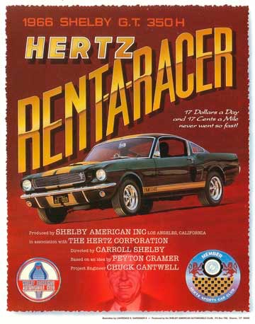 Poster von Hertz aus 1966 für den Shelby GT 350-H mit der großen Aufschrift 'RENT-A-RACER'.